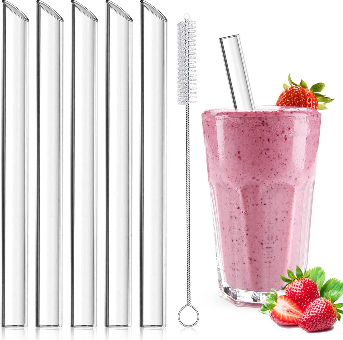 Solidchoice - Set van 5 Herbruikbare Glazen Theerietjes met Reinigingsborstels