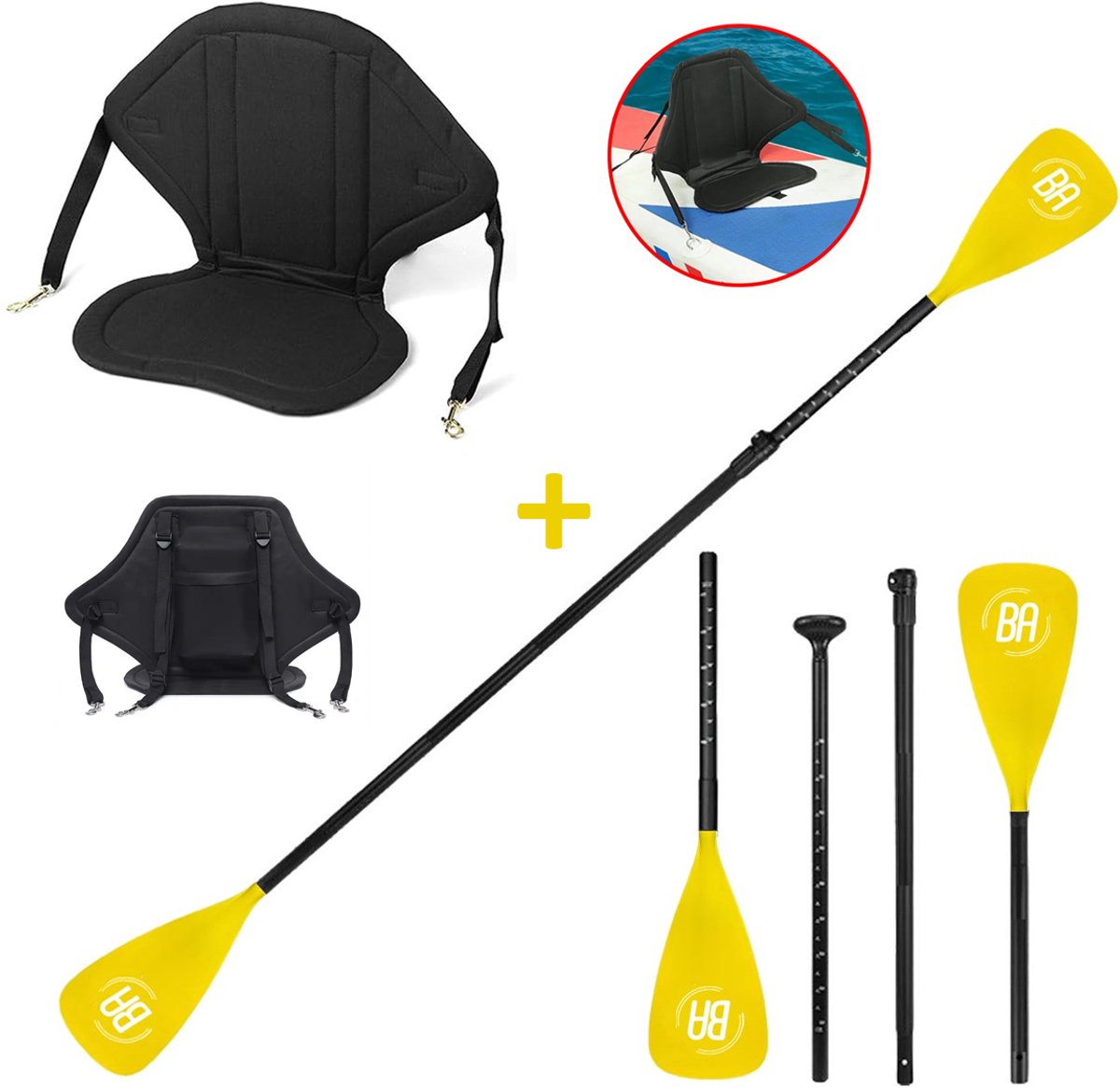 Best Active SUP Zitje + Dubbele SUP Peddel Set - Kajak Stoel met Rugleuning & 4-Delige Kajakpeddel - Verstelbaar 155-220 cm - SUP Board - SUP Accessoires - Zwart/Geel