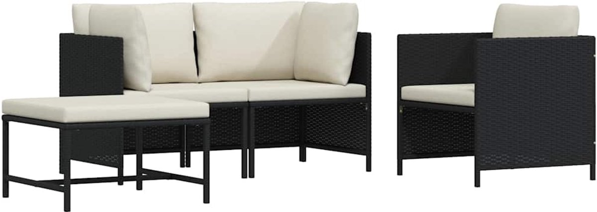 vidaXL 4-delige Loungeset met kussens poly rattan zwart