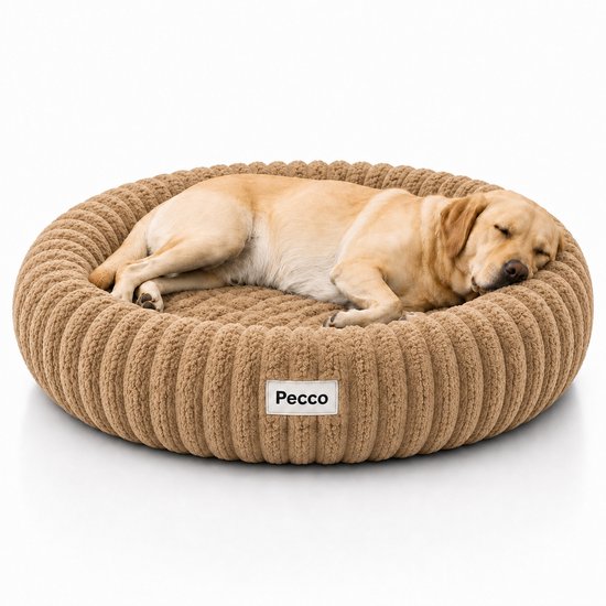 Panier rond pour chien Pecco marron à motif côtelé. Un Labrador dort sur le panier.