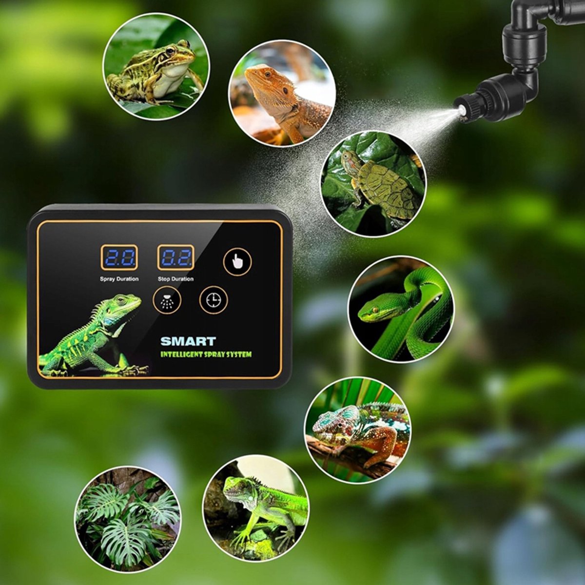 Terrarium Sproeisysteem - Intelligente Luchtbevochtiger voor Terrarium - Terrarium Bevochtiger - 360° Sproeiers & Timer & 5m Slang - Voor Reptielen & Amfibieën & Planten thumbnail 2