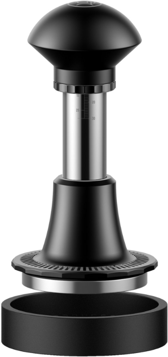 zeroHero - Sword Press Adjust Tamper - Black - Zwart - 58.5mm - met base/houder - Verstelbare, gekalibreerde espressotamper - self-levelling - hoorbare klik bij ingestelde druk