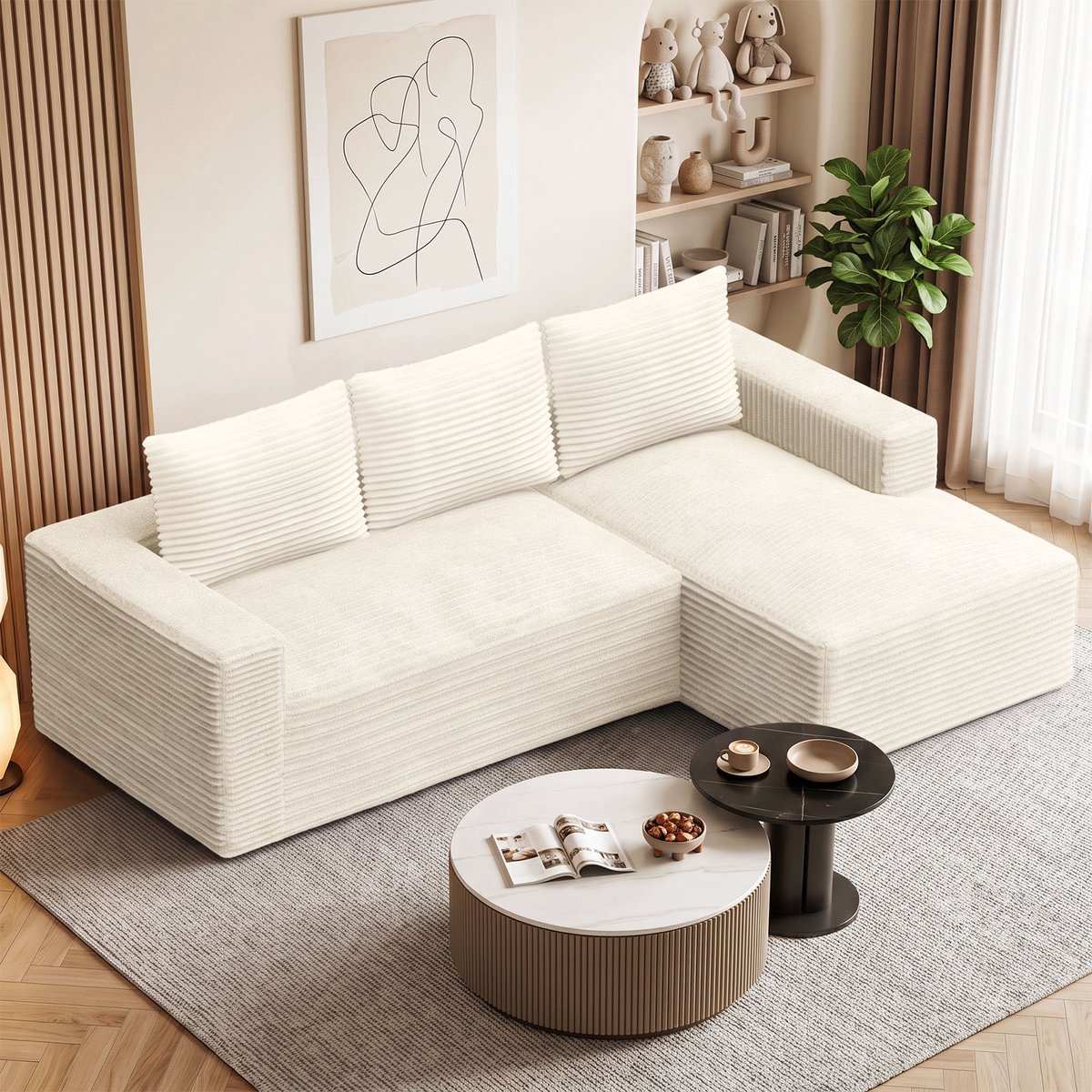 Modulaire L-hoekbank van 240 cm van corduroy – vrij te combineren bankmodules – zakvering en hoogwaardige schuimvulling – afneembare, wasbare bekleding – antisliponderkant – draagvermogen van 150 kg per zitplaats – montagevrije woonkamerbank
