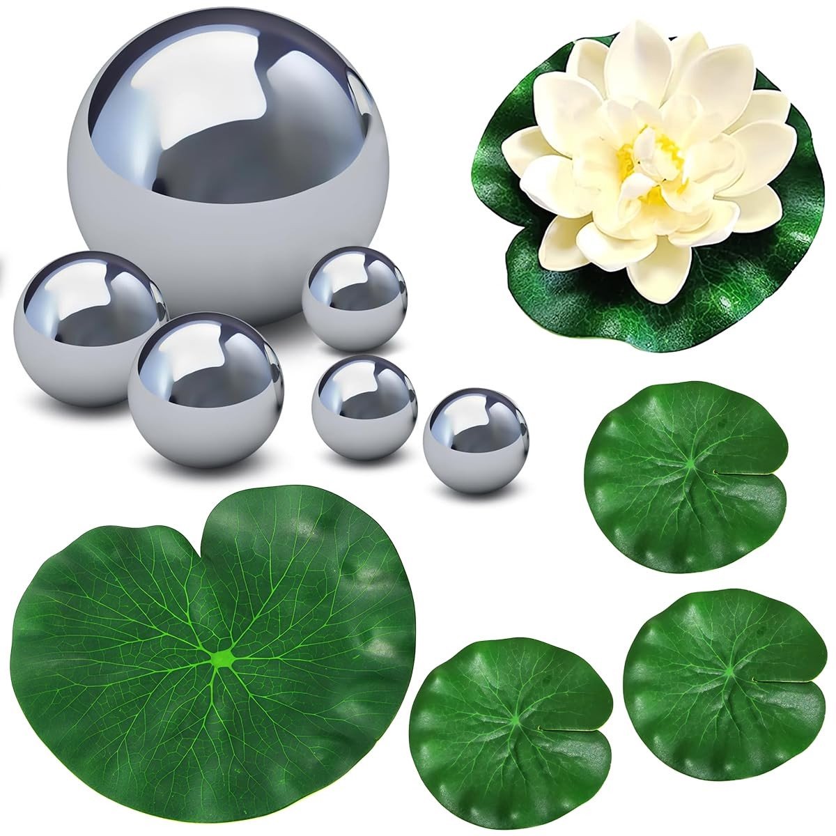 Solidchoice - Decoratieve Mini-Vijver - Set met zilveren ballen en drijvende lotusbladeren