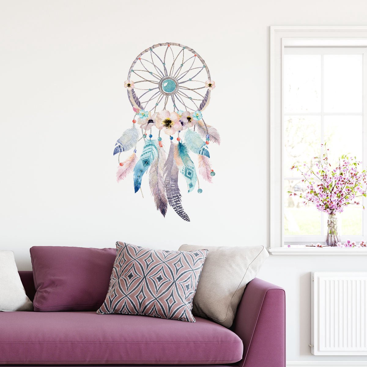 Ambiance Sticker Muurstickers - Boheemse dromenvanger met veren en fantasiemotief - Stickers met transparante achtergrond - 50x30cm Multi color