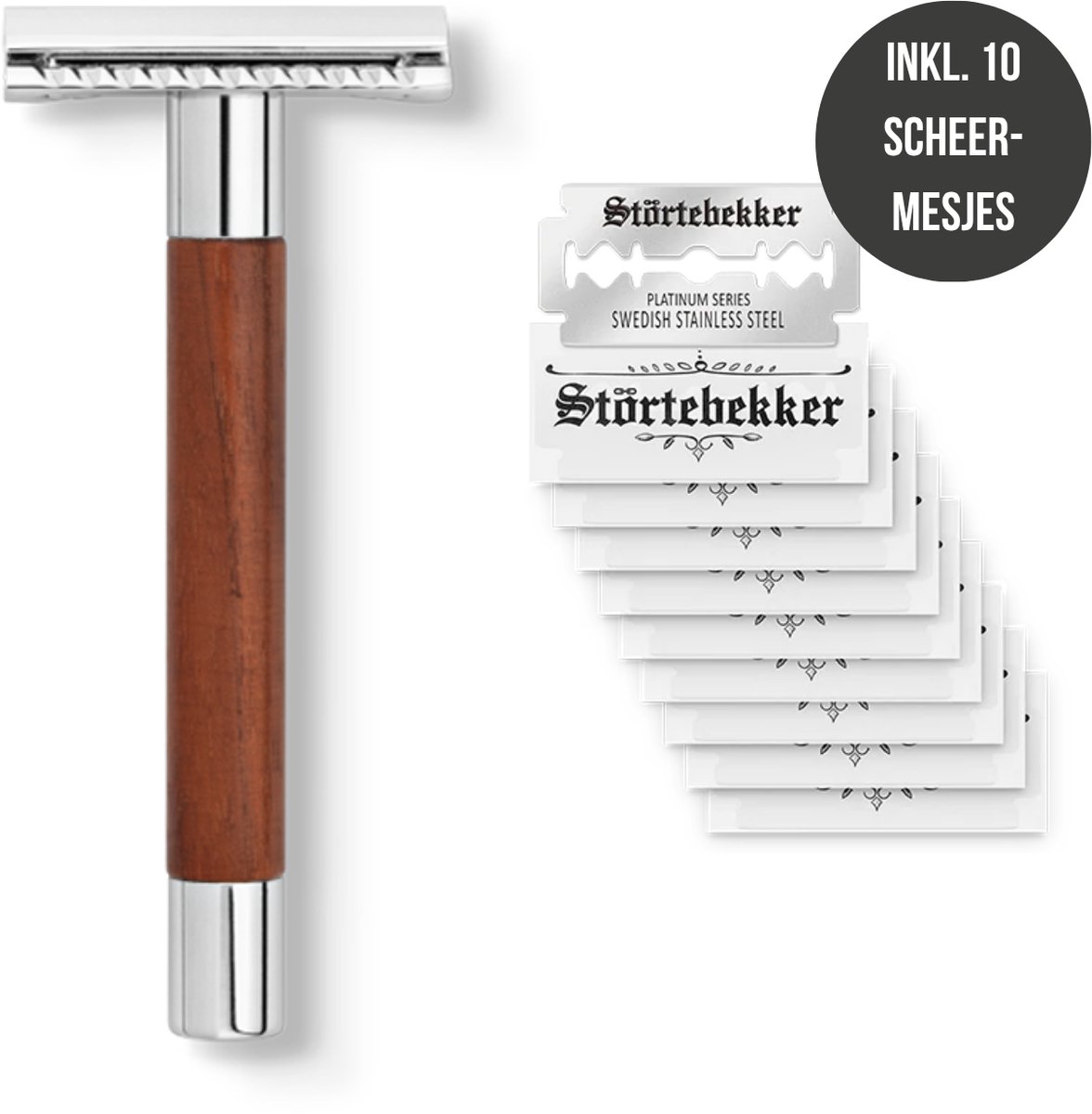 Störtebekker® Premium Veiligheidsscheermes 'Solingen' Notenhout - Safety Razor Heren incl. 10 Scheermesjes - Roestvrij Staal met Walnoothouten Handgreep - Minder Huidirritatie - Cadeau-idee - Made in Solingen, Germany - Safety Razor / Shaving Set