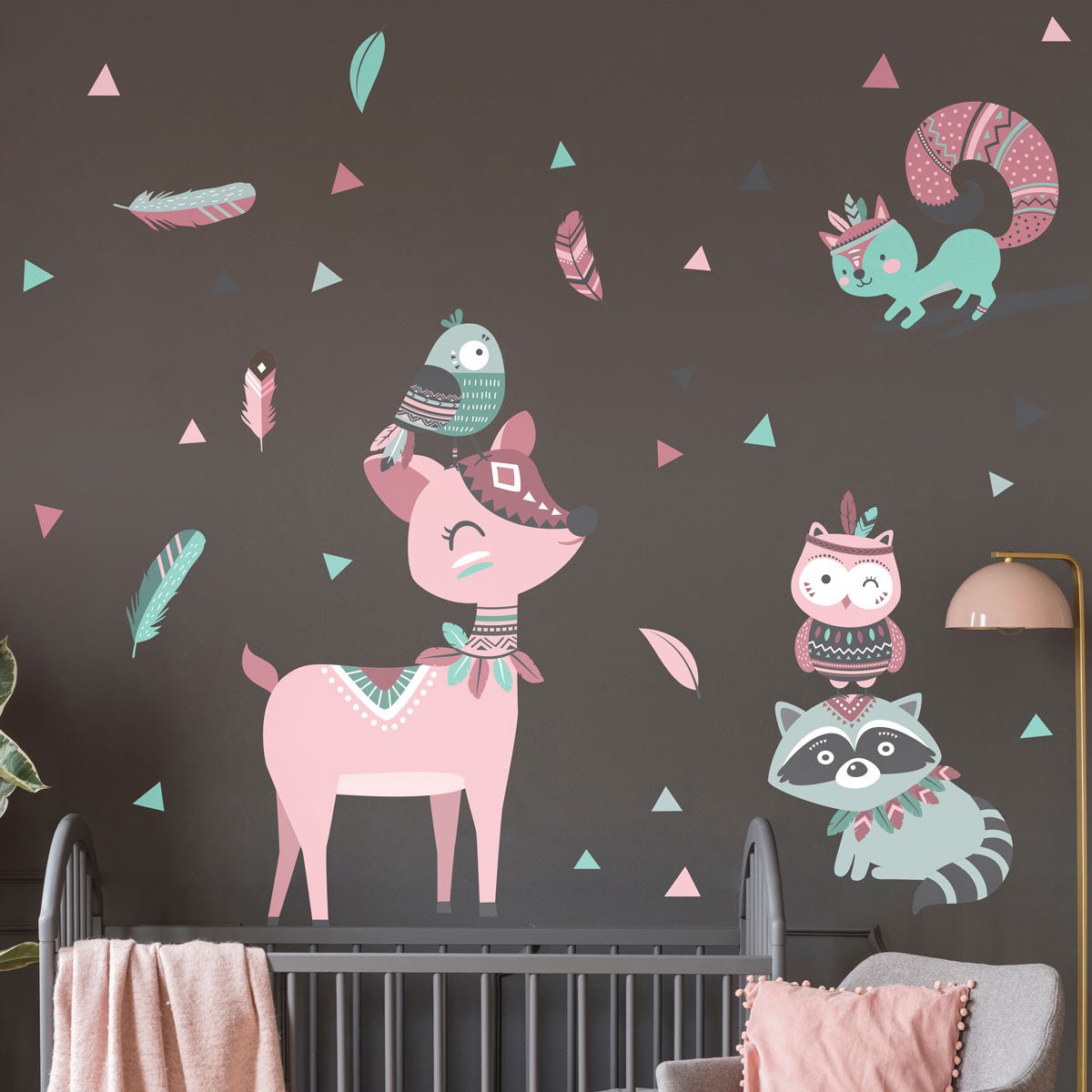 Ambiance Sticker Muurstickers - Dieren en Indiase veren - Zelfklevende stickers - 105x80cm Multi color