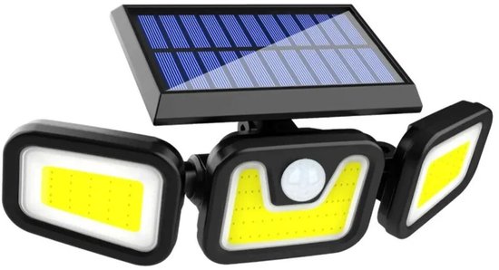 Zwarte solar wandlamp met 3 beweegbare COB-lampen en een zonnepaneel bovenop.