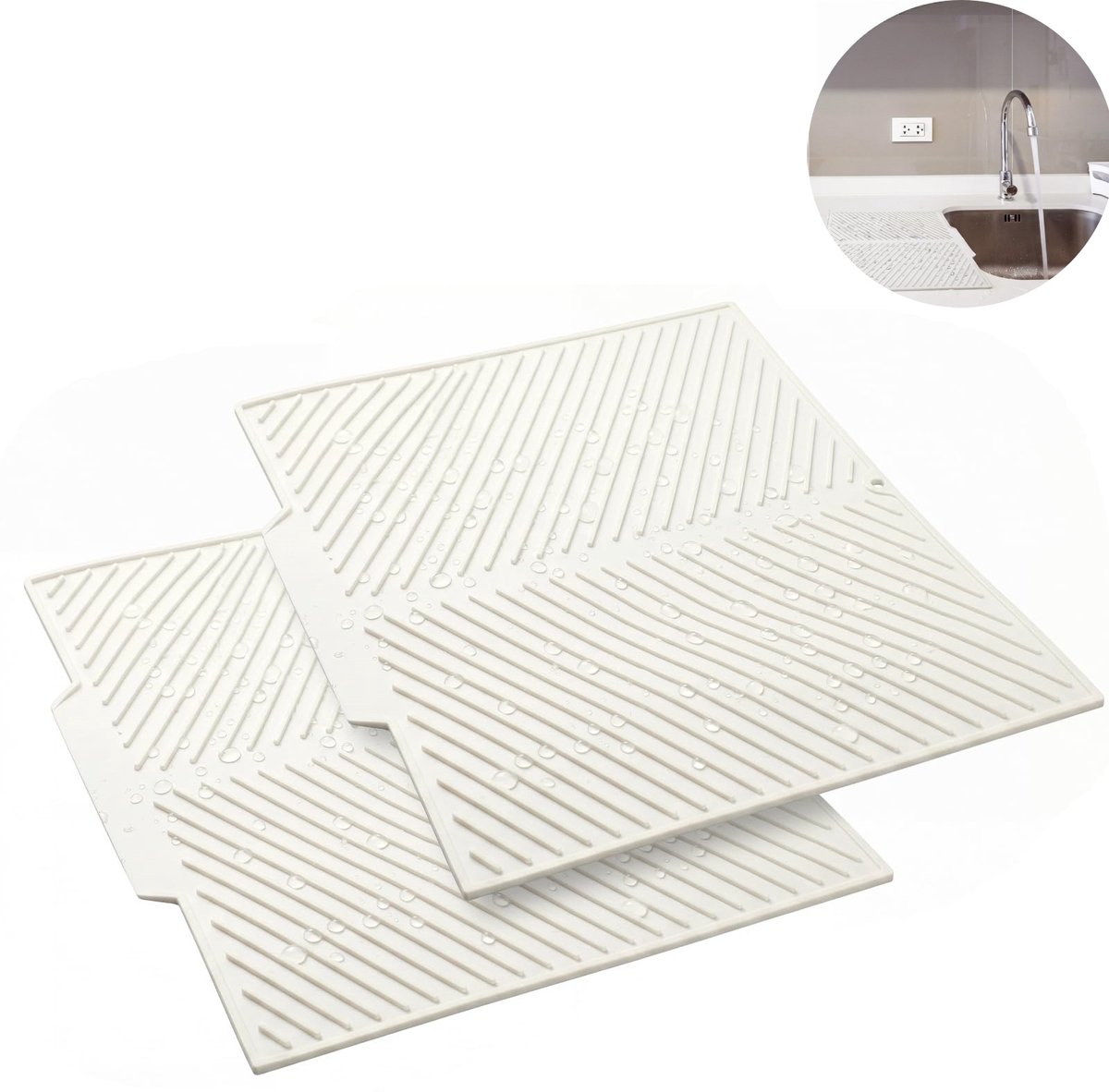 2 stuks - siliconen afvoermat - antislip placemat voor keuken - waterdichte onderlegger - waterafstotend - eenvoudig schoon te maken - keukenblad, borden, kopjes, snijplank - grijswit