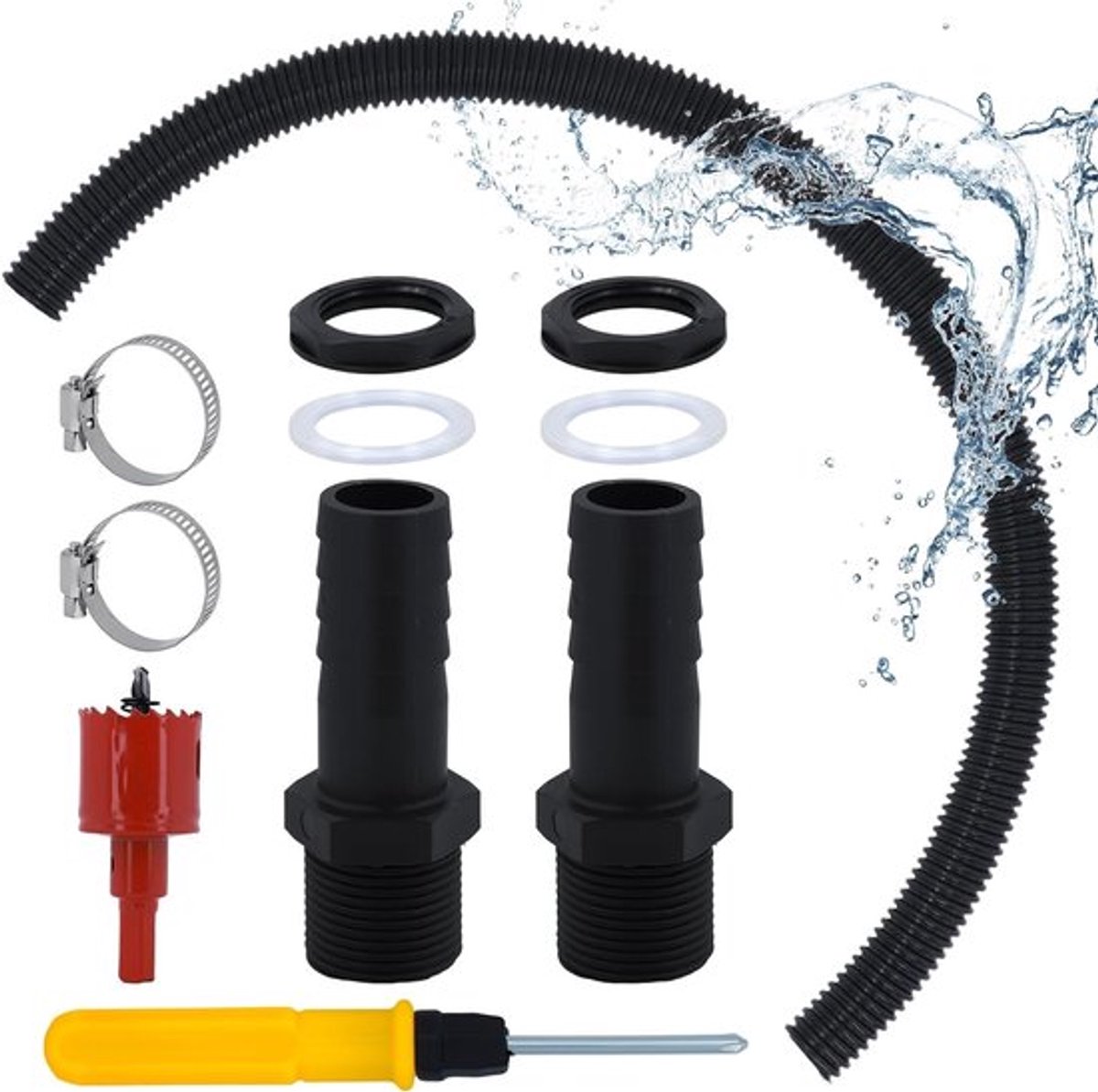 Verbindingsset voor regenton met overloop en 1 inch slang voor regenwater, 100 cm lang, ideaal voor watertanks en regenvaten