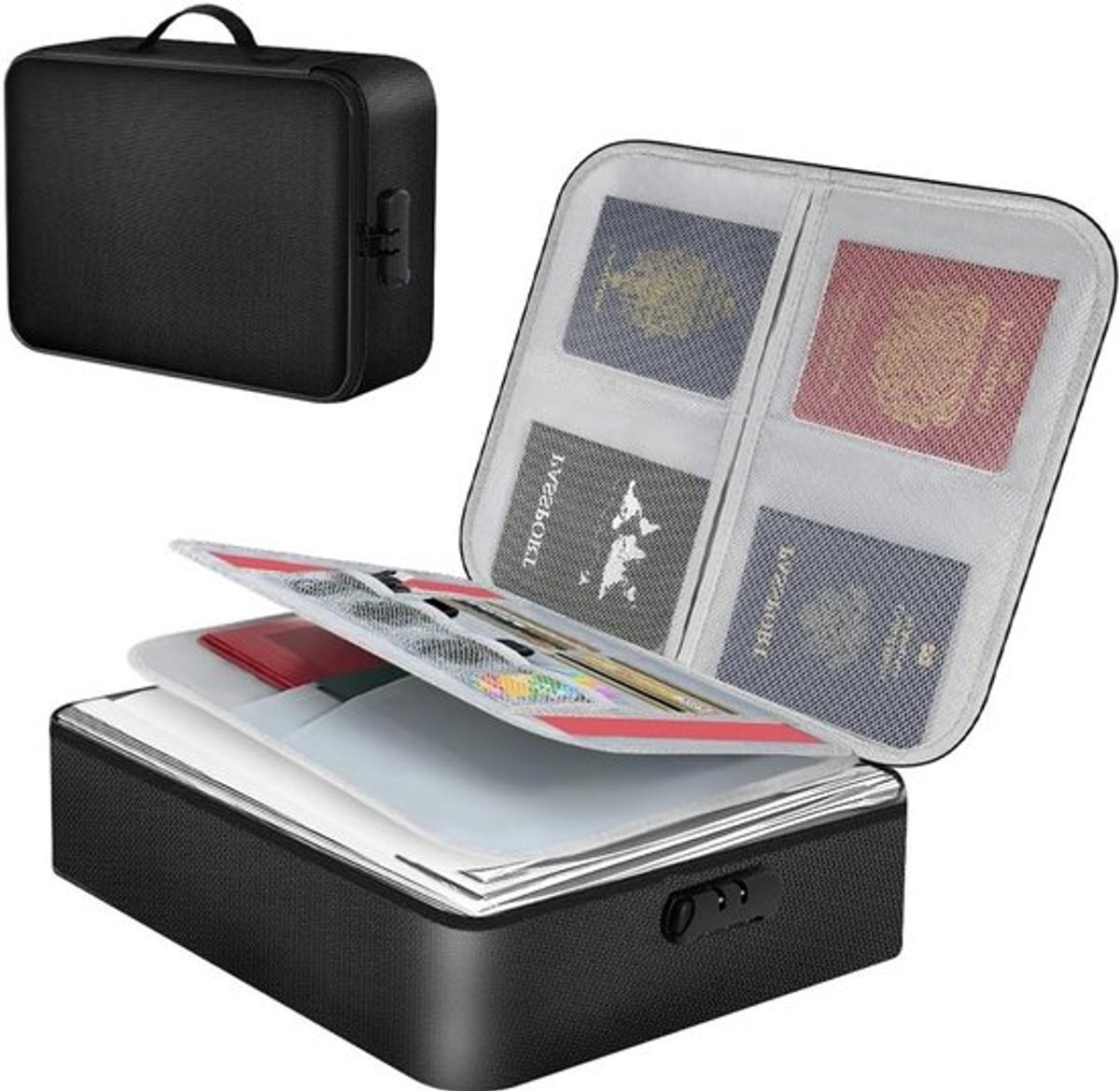 Vuurvaste documentendoos 37 x 27 x 10 cm met slot, grote brandveilige opbergdoos voor geld, paspoort en belangrijke certificaten, ideaal voor veilige opslag.
