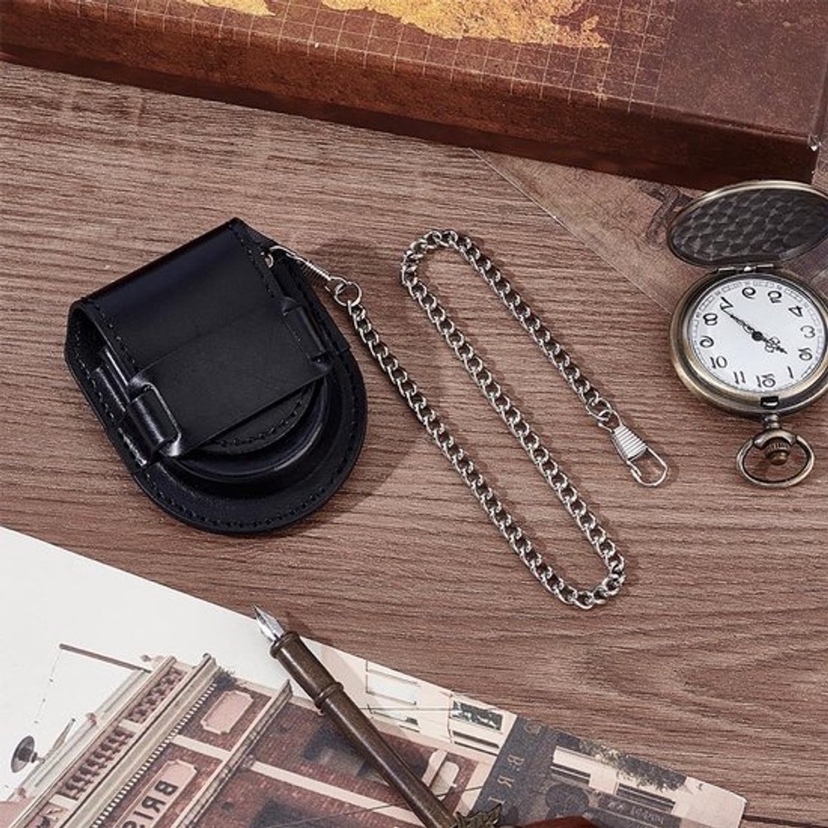 Retro Stijl Zakhorlogekast - Reisorganizer voor horloges, PU-leer, Mini Taille Tas met Ketting, 3,1 x 2,6 inch, Perfect voor Vader