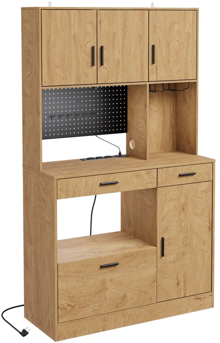 SoBuy Multifunctionele Keukenkast - Met Stopcontacten, USB, Wijnrek en Wandplank - 170x40x100 cm - Wit | FSB98-L-E-N
