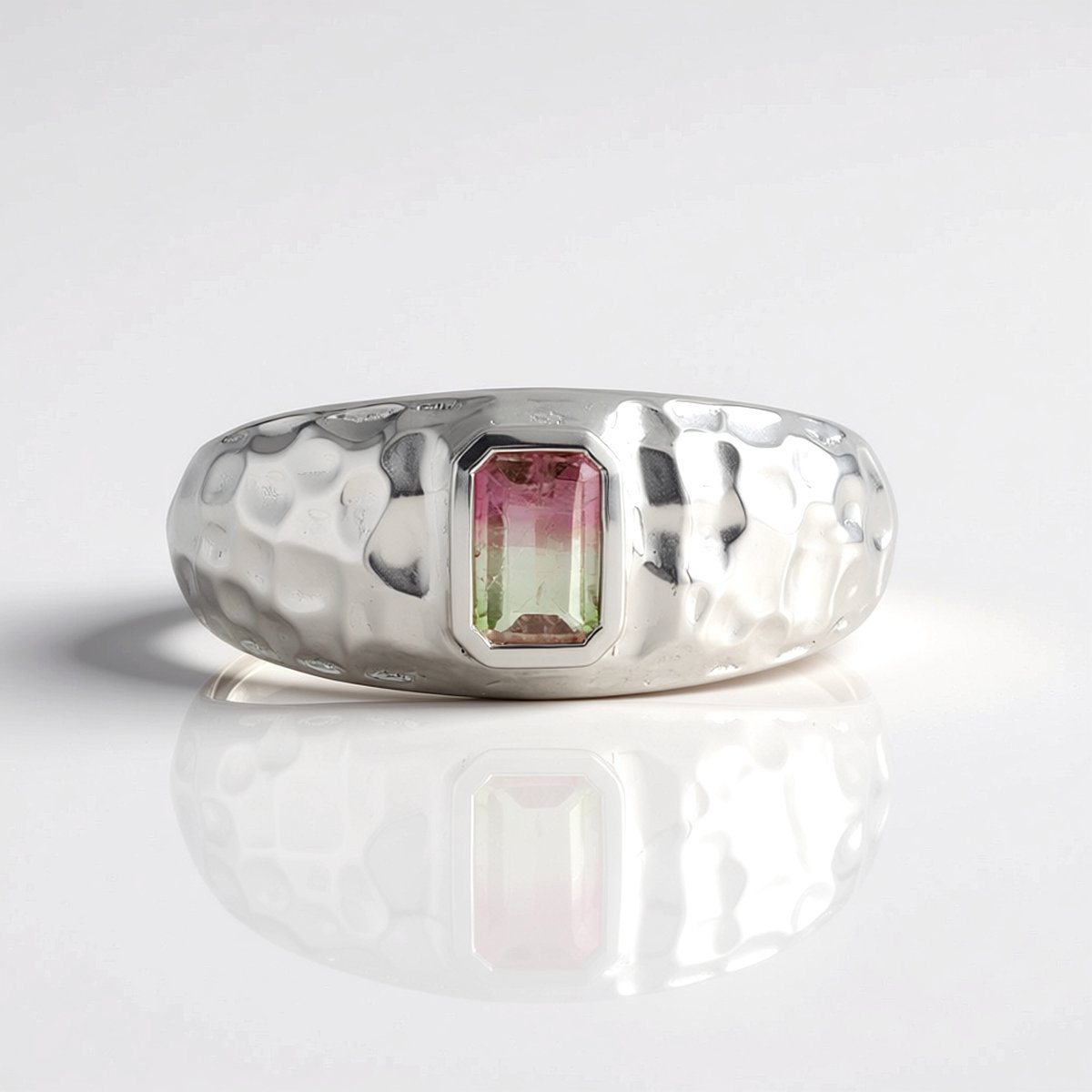 Cavill - Zilveren Damesring met 0,452 ct Watermeloen Toermalijn - 925 Sterling Zilver en Platina - Gehamerd, Achthoekig, Elegant