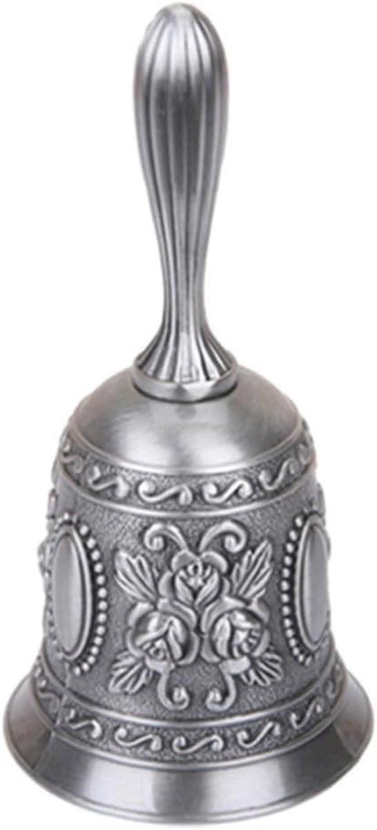 Handbel Vintage - Dienstenbel Aandacht - Diner Service - Zinklegering Vakmanschap - 12 x 6 x 6 cm - Mat Zilver