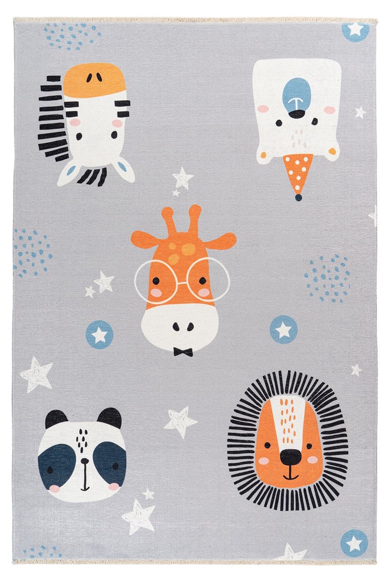 Padiro kindervloerkleed 115 x 170 cm - meerkleurig - speels kindermotief - met dieren en sterren motief - met franjes - van katoen (gerecyceld) en polyester
