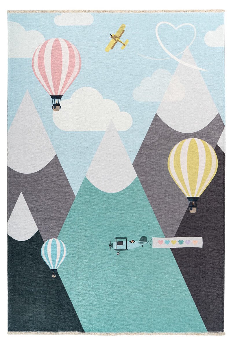 Padiro kindervloerkleed 115 x 170 cm - bont - speels kindermotief - met ballon en bergmotief - met franjes - van katoen (gerecycled) en polyester