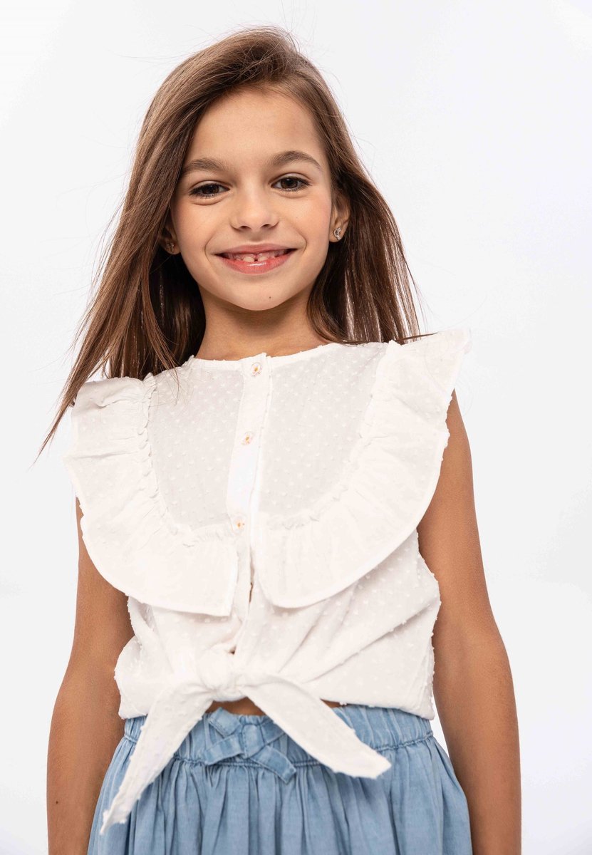 Minoti broderie tanktop meisjes - mouwloos met strikdetail