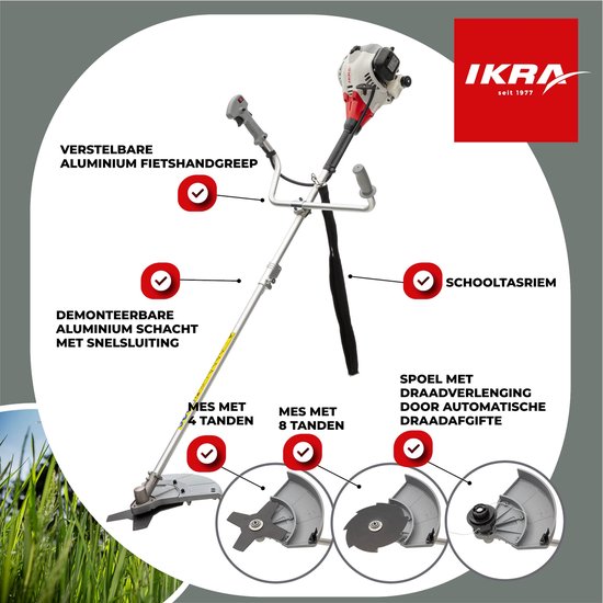 IKRA benzine-bosmaaier IBF 25-1, incl. draadspoel, 4-tands en 8-tands mes, veiligheidsbril en schouderriem — afbeelding 3