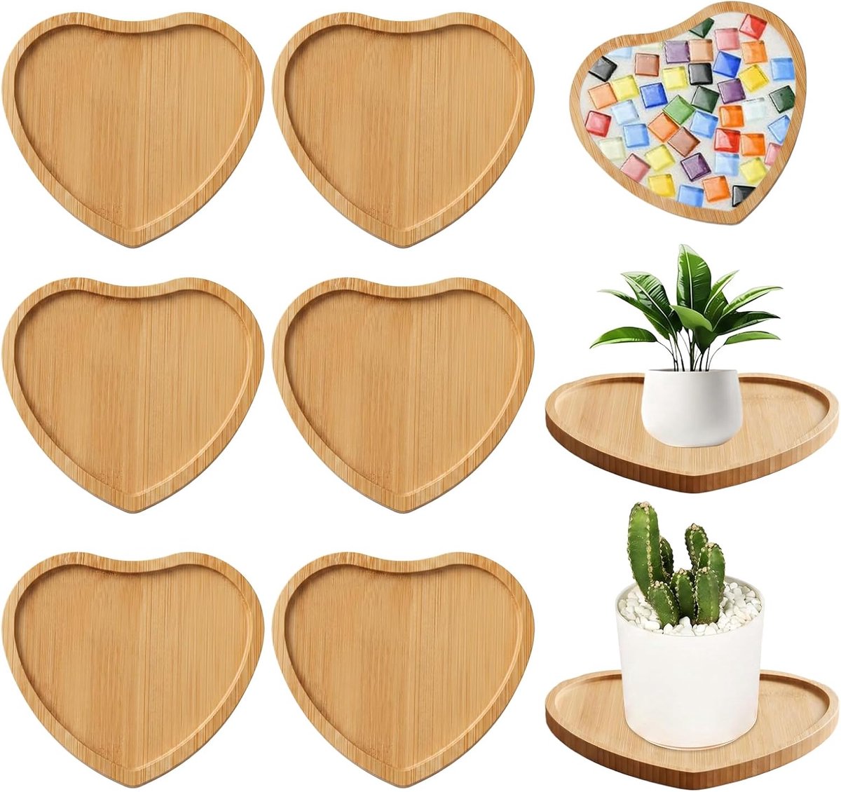 Set van 6 bamboe onderzetters, 10,2 x 9 cm groot, hartvormige mozaïek onderzetters, gemaakt van hout, met een holle onderkant. Kleine houten onderzetters geschikt voor drinkkopjes, theekopjes, koffiekopjes, gebakskopjes en plantenpotjes.
