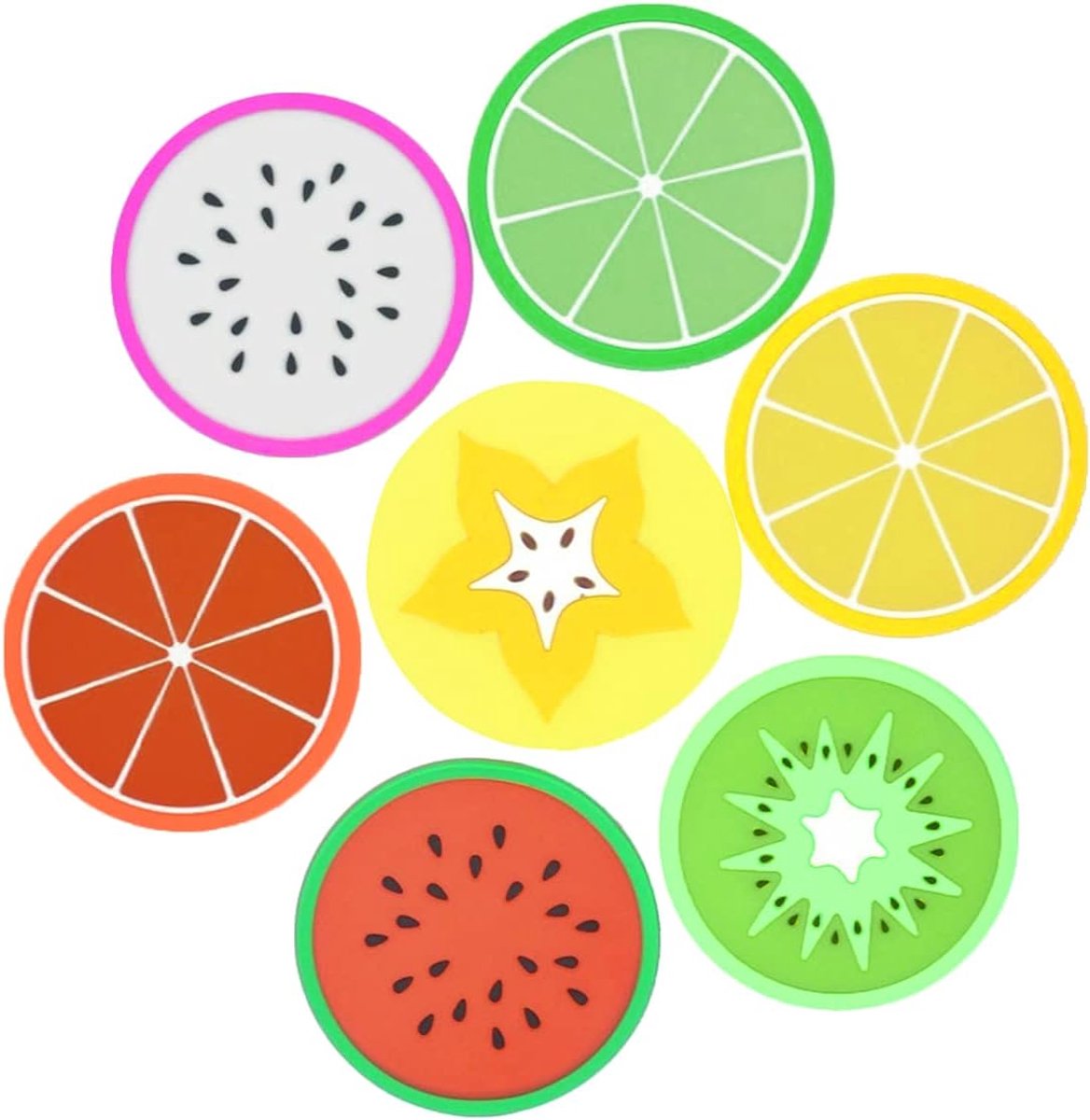 Set van 14 siliconen fruitonderzetters, decoratieve glazen onderzetters, 8,5 cm keukenonderzetters, antislip glazen onderzetters, geschikt voor keukens, woonkamers en bars.