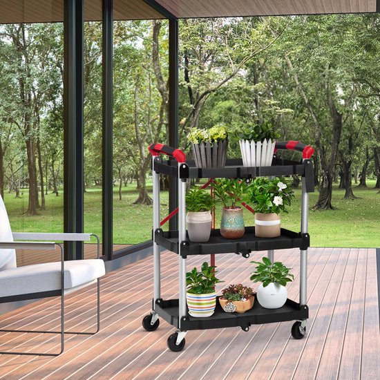 Vouwbare kar met 3 legplanken - Inklapbare dienwagen met zwenkwielen en rem voor garage, magazijn, kantoor en horeca - 66,5 x 38 x 86 cm — afbeelding 3
