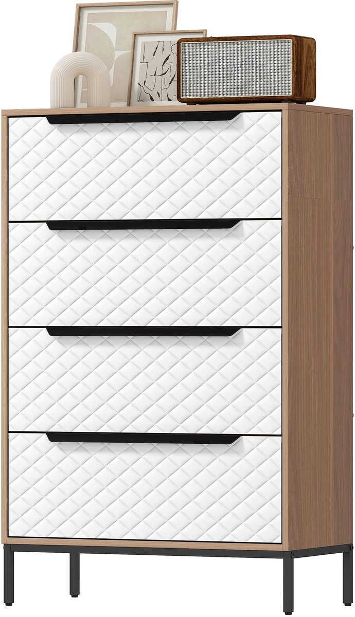 ECTEATOY® Ladekast met 4 Stoffen Laden - Diamantpatroon - Opvouwbaar - Opbergkaste voor Woonkamer, Slaapkamer en Kantoor - 59,5x30x92,5 cm - Wit