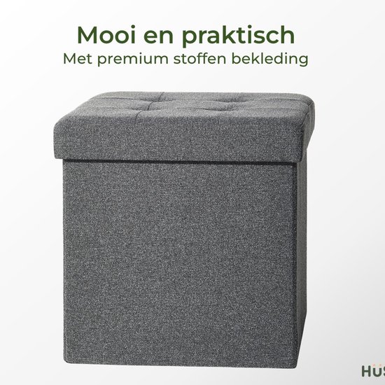 Mooie en praktische opbergpoef met premium stoffen bekleding, grijs.