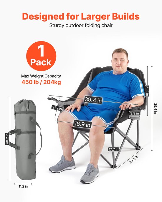 Opvouwbare Campingstoel (Extra Groot) met Een Draagvermogen tot 204 Kg, Voorzien van Twee Houders voor Bekers en Wijnglazen. Ideaal voor Buitenactiviteiten zoals Vissen en Barbecueën,Verkrijgbaar in Zwart en Grijs, 1 Stuk — afbeelding 3
