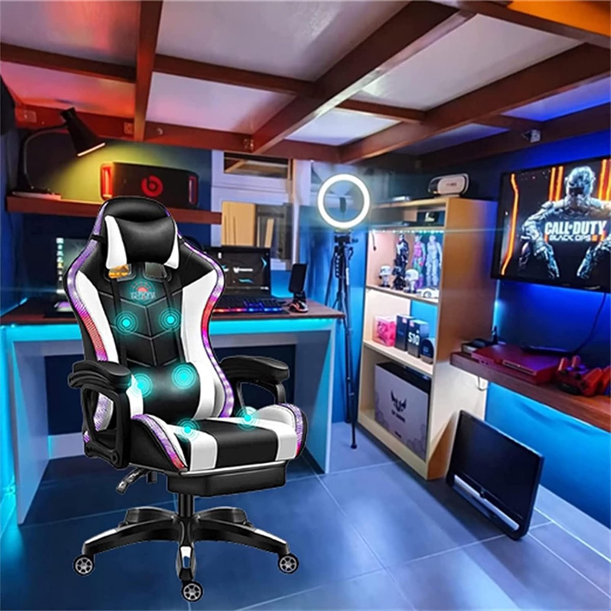 Gaming Chair with Speakers and LED Lighting, Video Chair with 7-Point Massage and Footrest Ergonomic PU Leather Office - ShopVlot