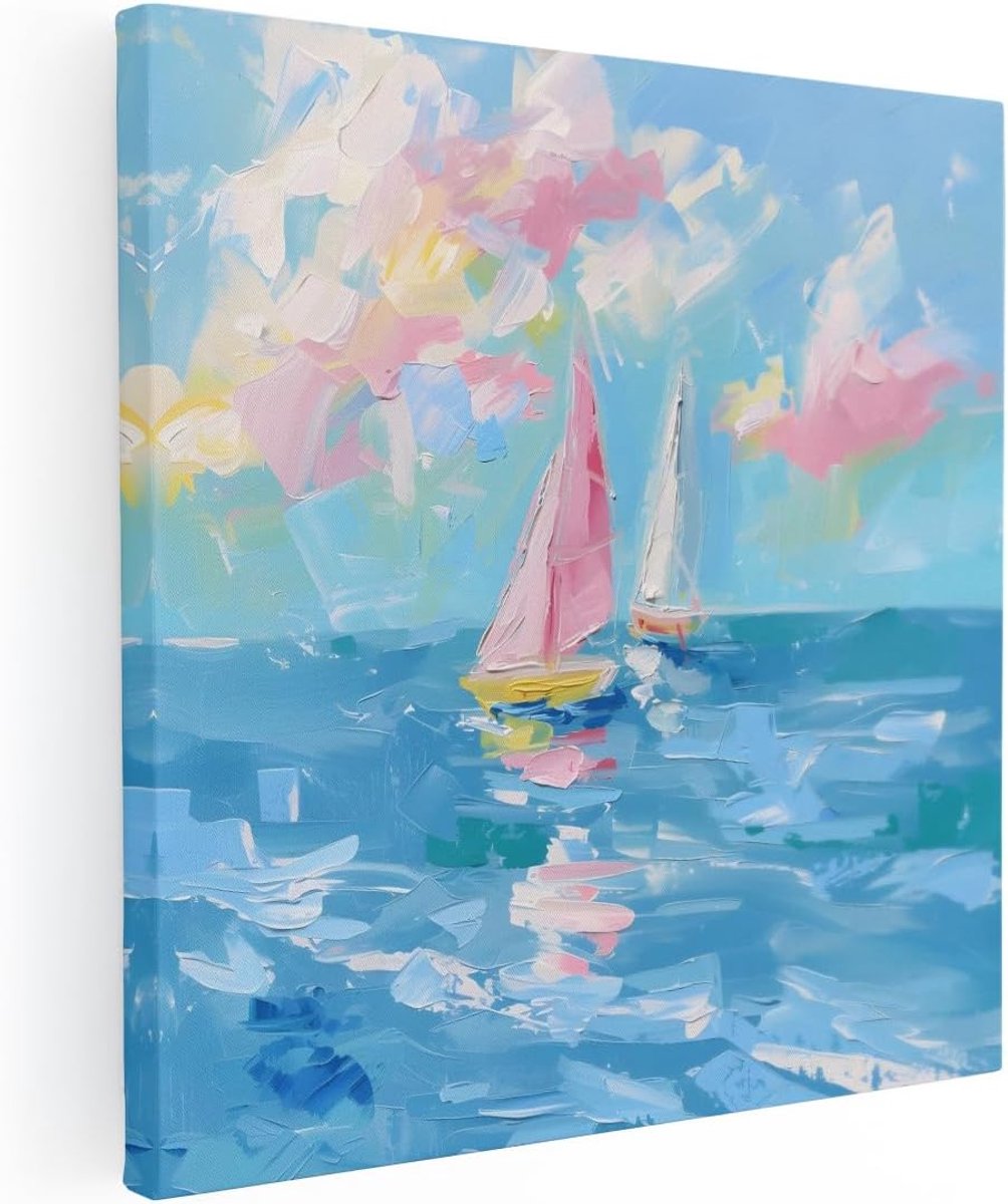 Artaza Canvas Schilderij Zeilboten - 70x70 cm - Wanddecoratie Zee - Muurdecoratie Strand - Decoratie Landschap - Roze - ShopVlot