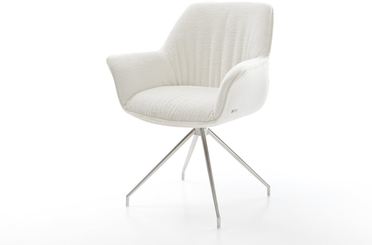 Gestoffeerde-stoel Keila-Flex met armleuning kruisframe conisch roestvrij staal bouclé zacht beige