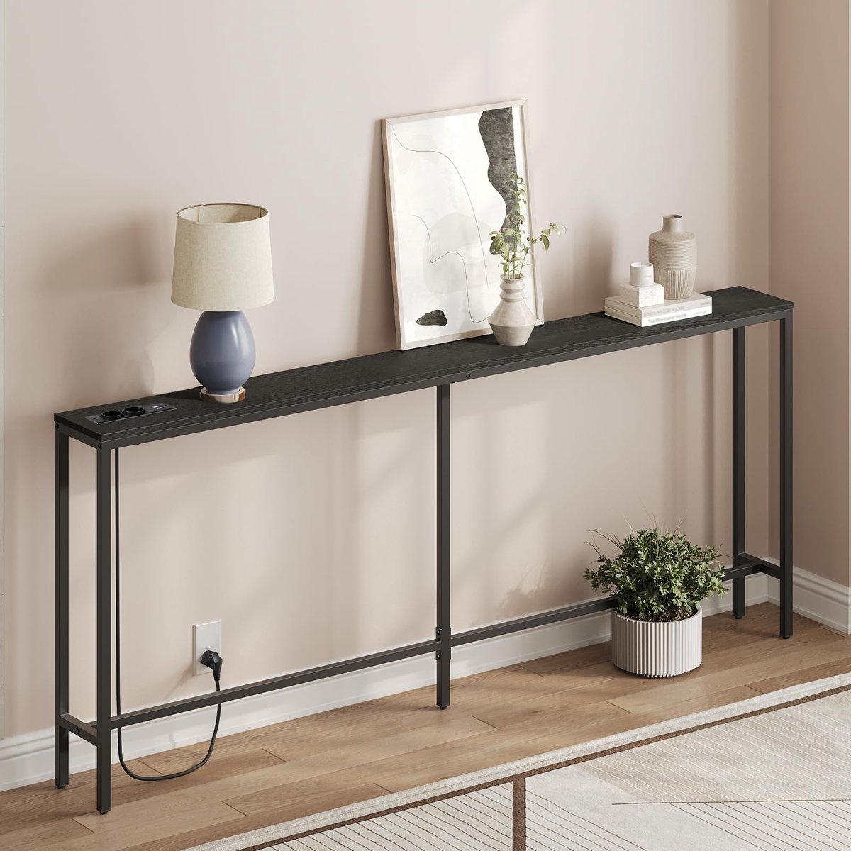 Consoletafel met Oplaadstation - 200 cm Smalle Industriële Haltafel met USB Poorten - Lange Banktafel voor Entree, Hal, Foyer en Woonkamer - Sofa Bijzettafel met Ruim Tafelblad - Zwart