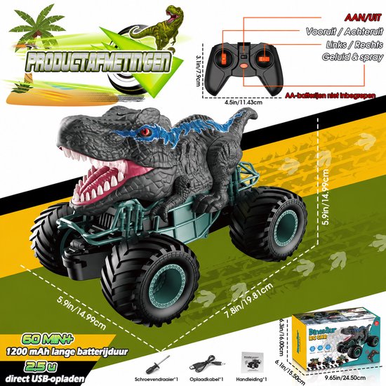 Dinosaurus RC monster truck met afmetingen: 45x19x21cm. Tekst: 'Productafmetingen', '60+ min 1200 mAh batterijduur', '2.4GHz direct USB-opladen'.