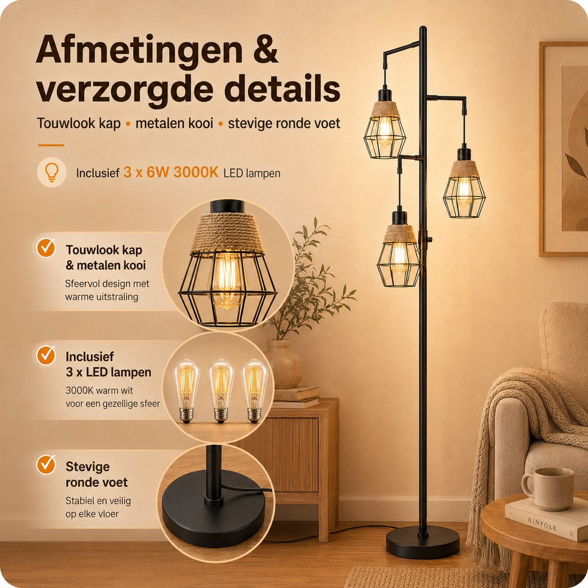 Lapamax Vloerlamp Industrieel Zwart - Traploos Dimbare Hoeklamp met E27 LED Lampen 3000K thumbnail 4