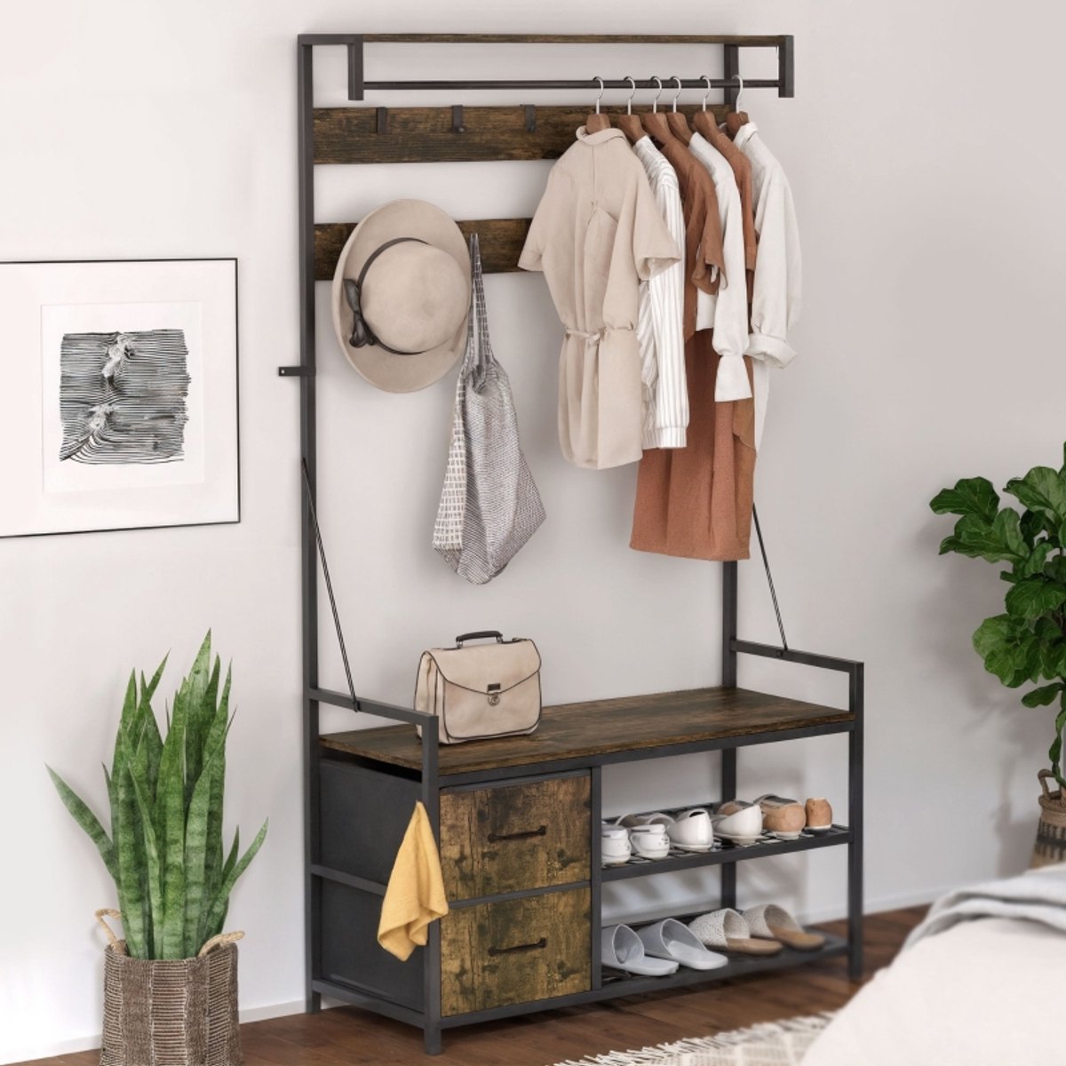 OKWISH Kledingrek Met Zitbank En Schoenenrek – 100 X 40 X 180 Cm – Verstelbare Haken – Hout En Metaal – Bruin Zwart – Hal En Entree Met Opbergplank En Lades