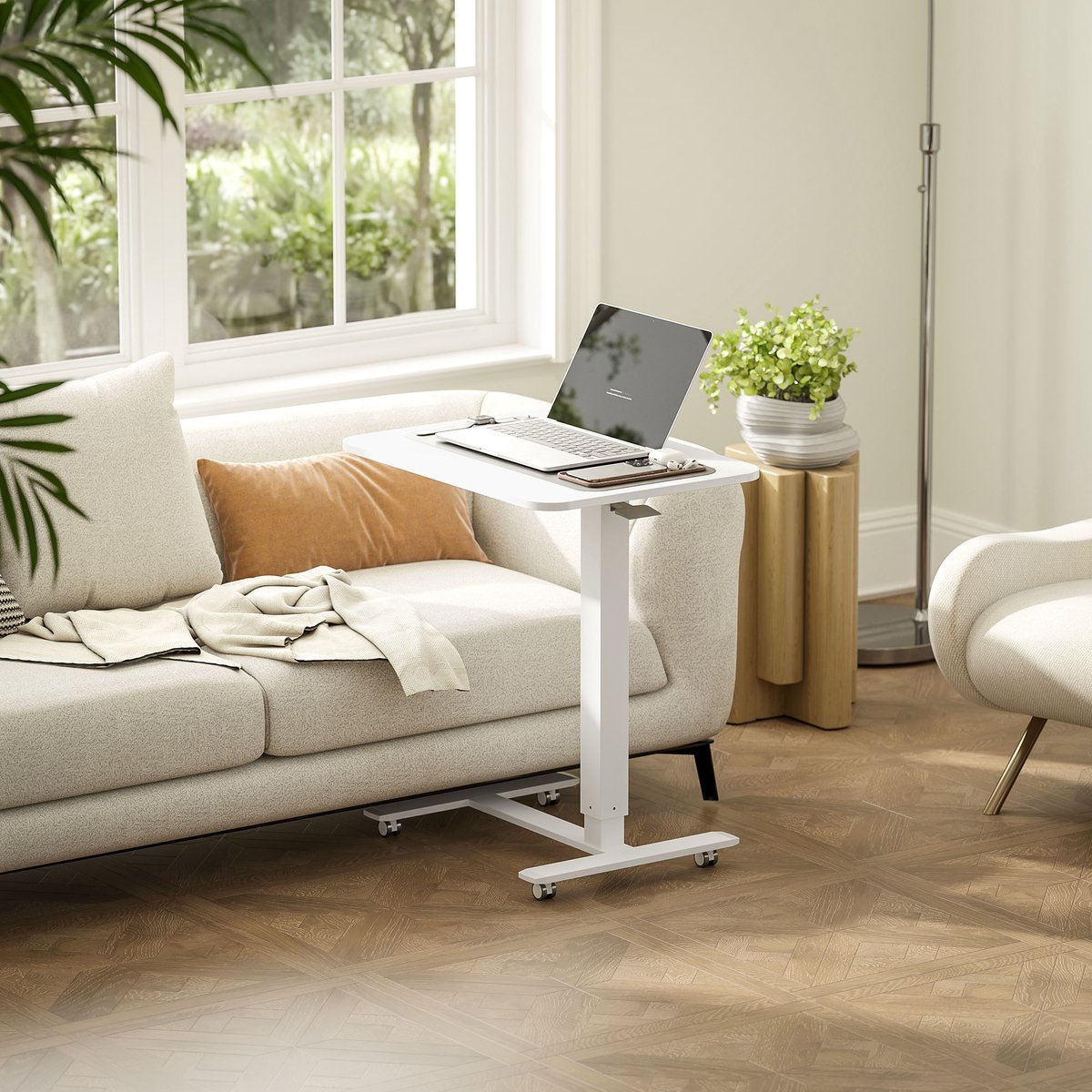 OKWISH Bureau – Hoogte Verstelbaar 70 Tot 110 Cm – 65 X 48 Cm – Staal En Spaanplaat – Wit – Zit En Sta Werkplek Met Wielen