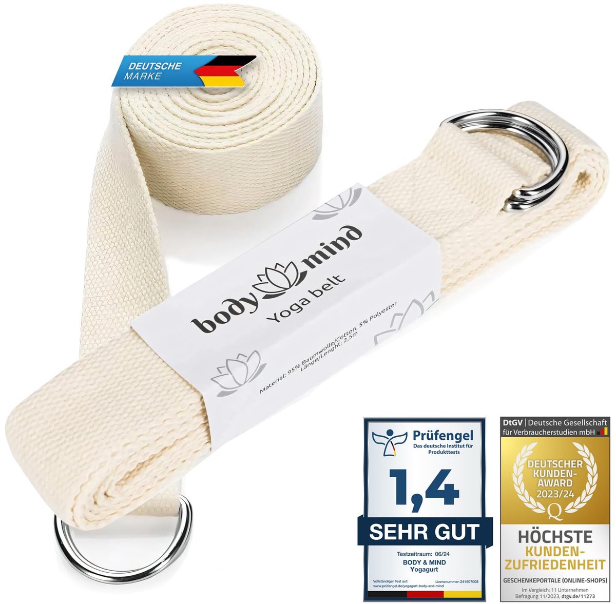 Body & Mind® yogariem gemaakt van 100% natuurlijk katoen - 250 cm lang; yogariem met D-ring sluiting voor beginners & - ShopVlot