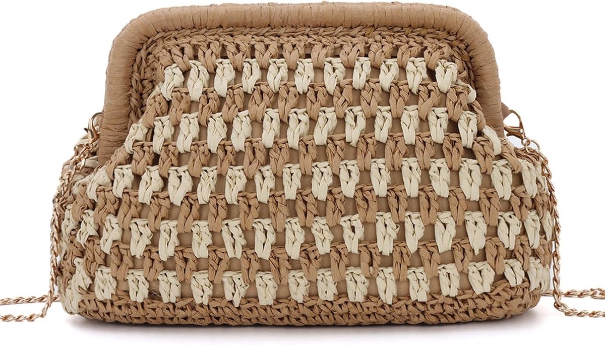 Women's Straw Clutch, Woven Summer Handbag with Chain Strap, Hollow Design for Holidays and Going Out - ShopVlot