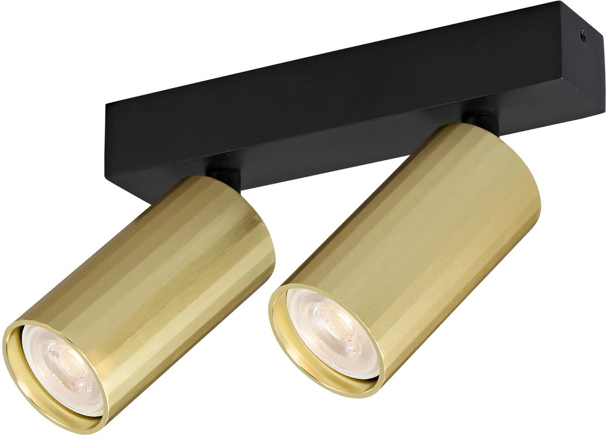 Oryx spotbalk met 2 lichtpunten, zwarte basis met gouden cilinders, MR11-fitting, dimbaar, IP20, lichtbron niet inbegrepen