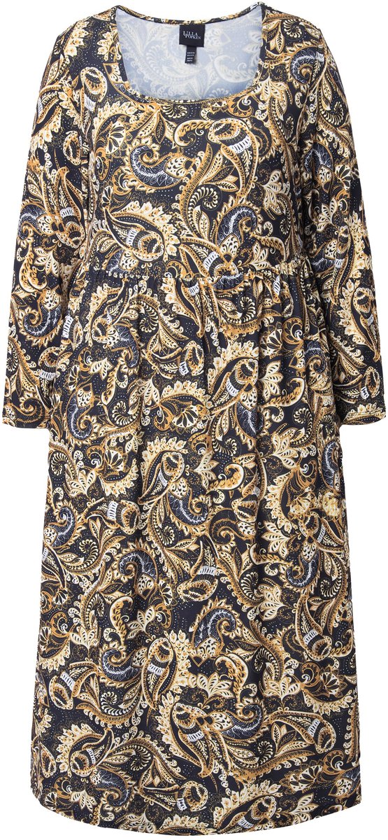 Ulla Popken Dames - Maxi-jurk paisley A-lijn carréhals lange mouw - Zwart - Maat 66+