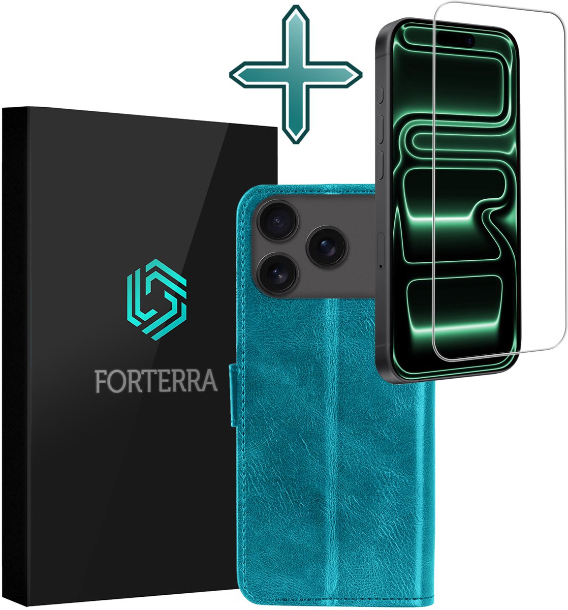 Hoesje Met Screenprotector - Geschikt voor Apple iPhone 18 Pro - Luxe Pasjeshouder - Flipcase - Bookcase Portemonee - Flip Case - Kunstleer Book Case - Book Cover - Walletcase - Portemonneehoes - Turquoise