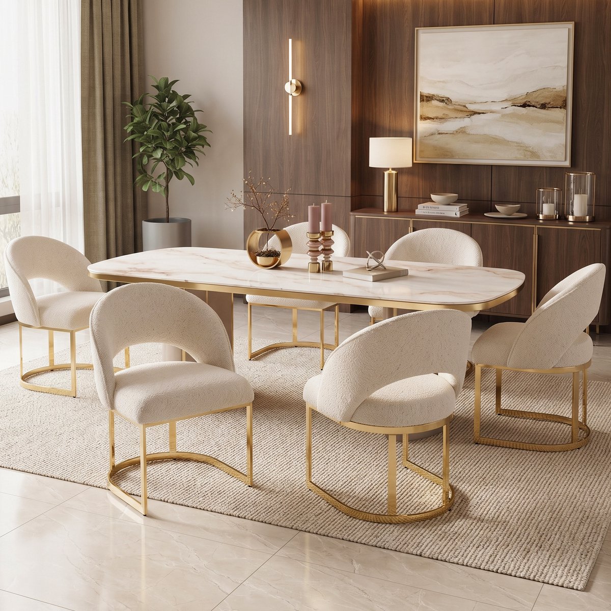 VVBV Set van 2 Eetkamerstoelen - Comfortabele Zitting, Ademende Bekleding - Beige/Goud, Bouclé