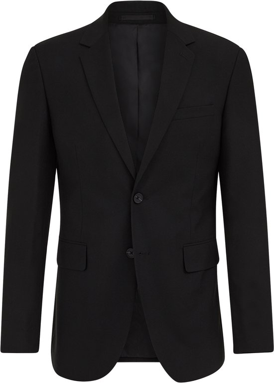 Zwarte herenblazer, sluiting met twee knopen, borstzak.