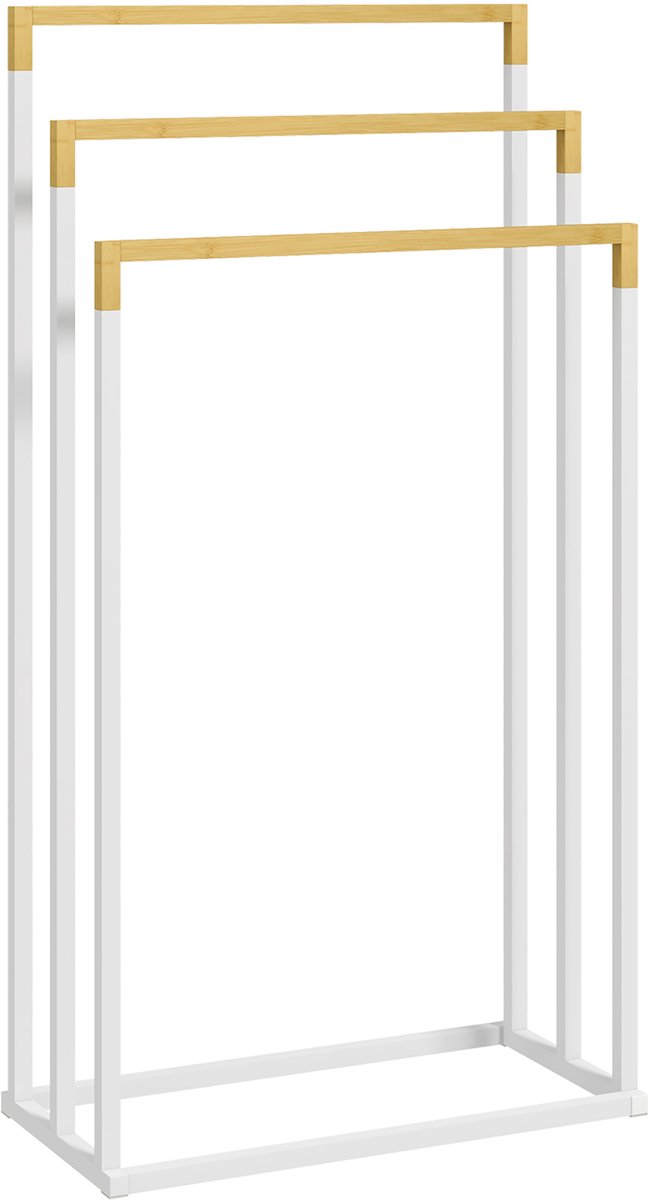 Handdoekrek badkamer metaal en bamboe, 86 x 45 x 22.5 cm, wit-natuur, 3 stangen, staand