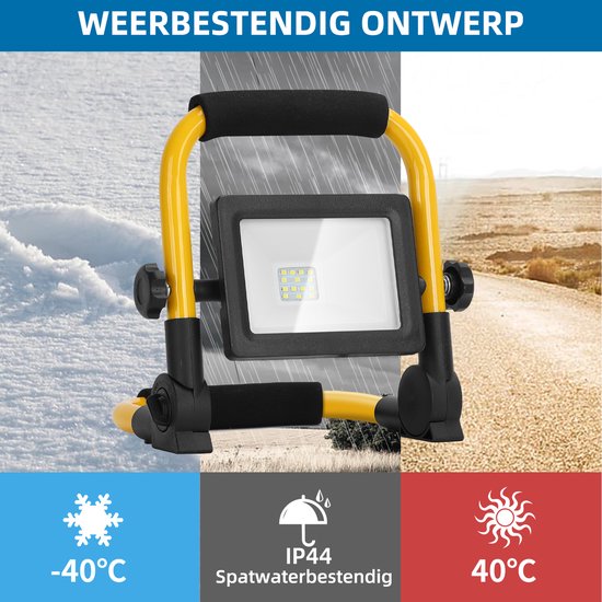 Gele werklamp met zwarte handgrepen, getoond in sneeuw, regen en zon. IP44 spatwaterdicht, werkt van -40°C tot 40°C.