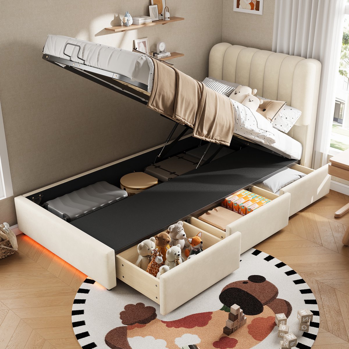 Kinderbed met opbergruimte - gestoffeerd bed 90x200 cm - 3 lades - LED-verlichting - beige