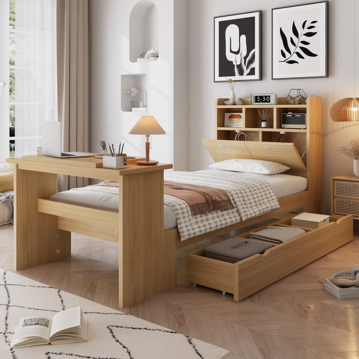 Kinderbed 90x200 cm - met opbergruimte - met hoofdbord - uitschuifbare lade en verstelbaar inklapbaar bureau - houtkleur