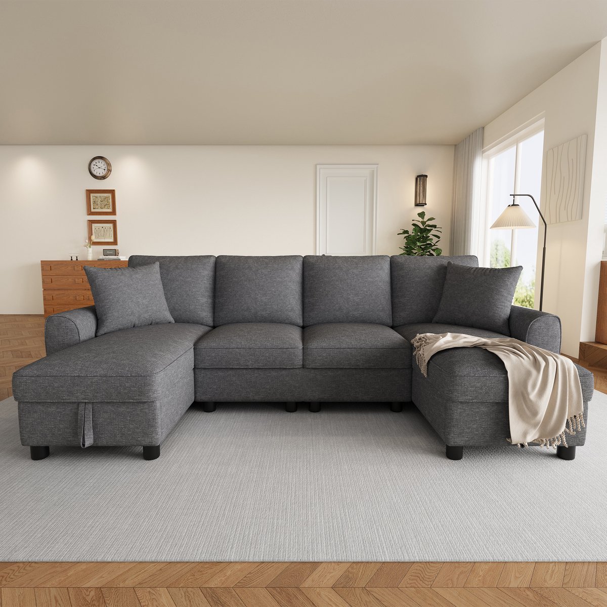VVBV Hoekbank 280x137x84 cm - U-Vorm, Opbergruimte - Grijs, Chenille