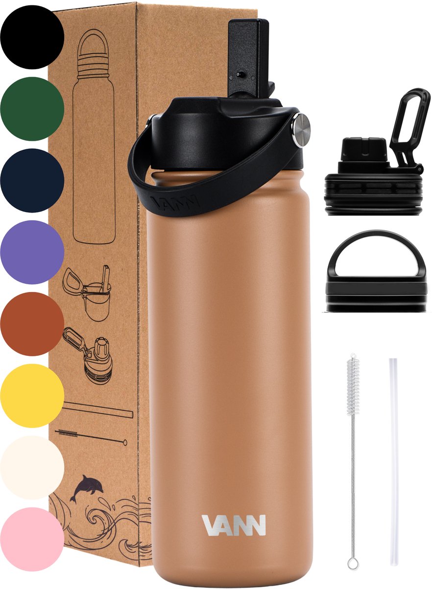 VANN® 3-Wandige RVS Waterfles 500 ML met rietje voor volwassenen – Met 5 accessoires – bidon – 24 uur koud/12 uur warm – Cappuccino – VANN Ultimate Bottle®